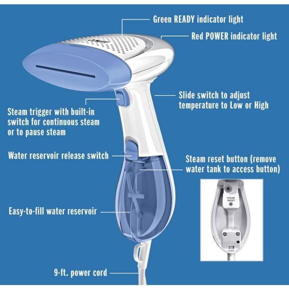 BRAND NEW- Conair Handheld Garment Steamer for Clothes, Portable-White/Blue - Picture 3 of 5